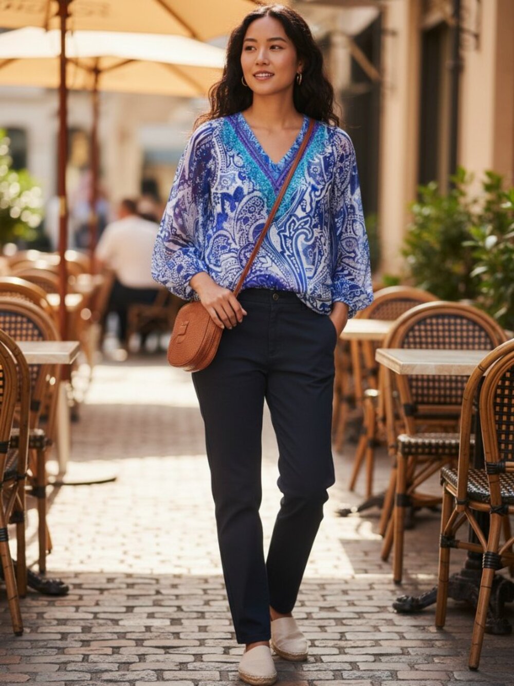 Chico's Size 1 Blue Paisley Beaded Sheer V-Neck Long Sleeve Blouse